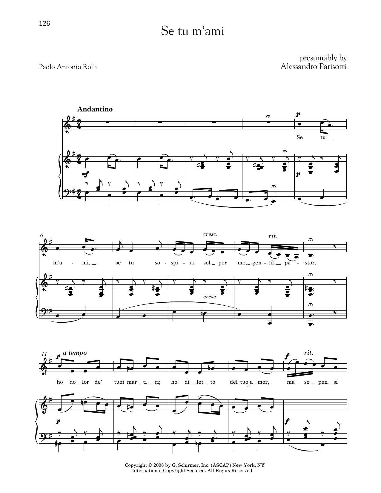 Alessandro Parisotti Se Tu M'ami (Medium Low Voice) sheet music notes and chords arranged for Piano & Vocal