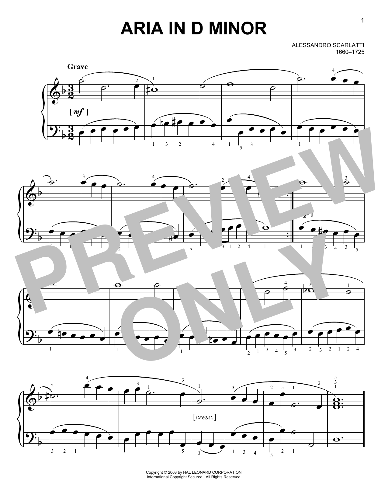Alessandro Scarlatti Aria sheet music notes and chords arranged for Easy Piano