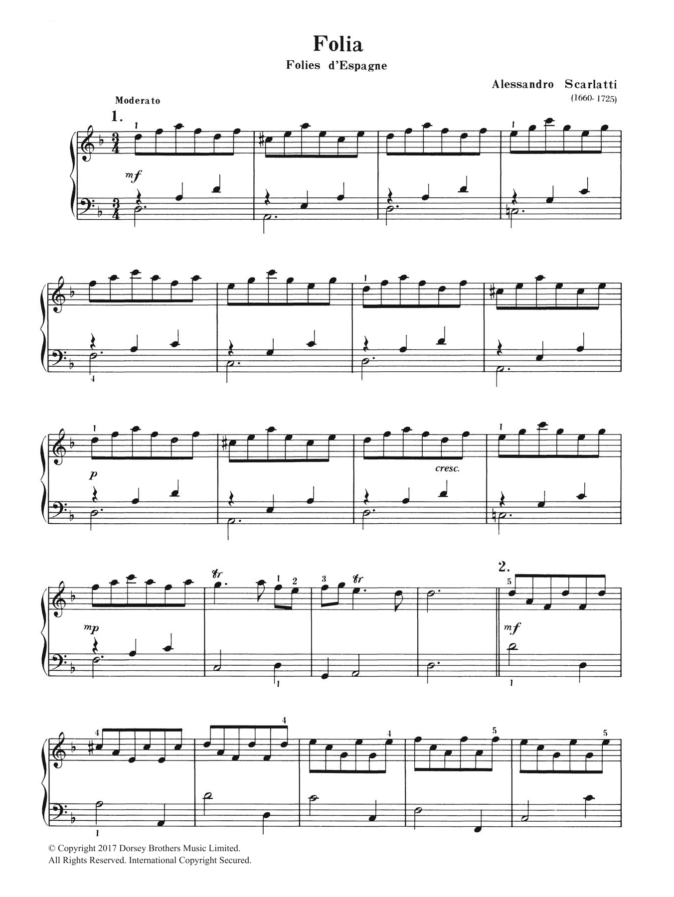 Alessandro Scarlatti Folia sheet music notes and chords arranged for Piano Solo