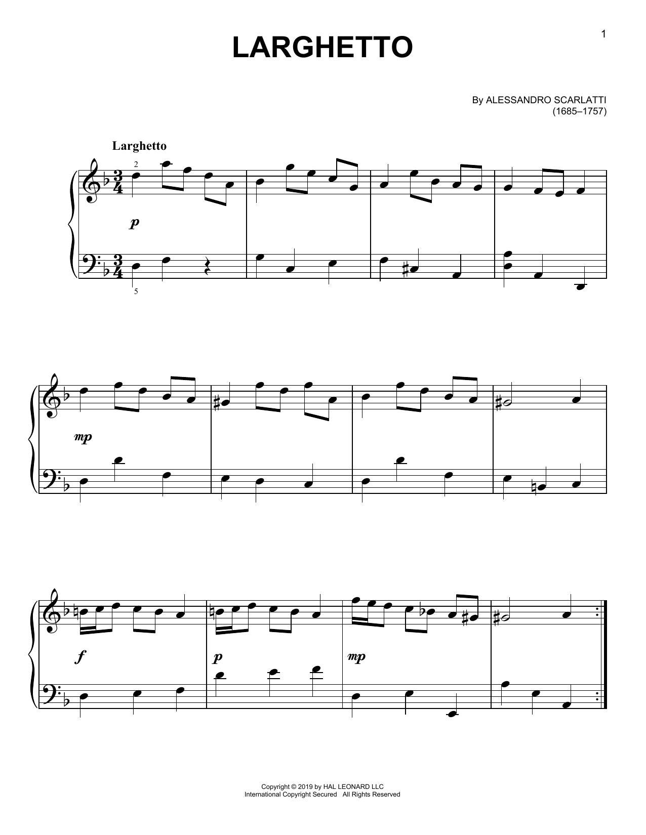 Alessandro Scarlatti Larghetto sheet music notes and chords arranged for Easy Piano