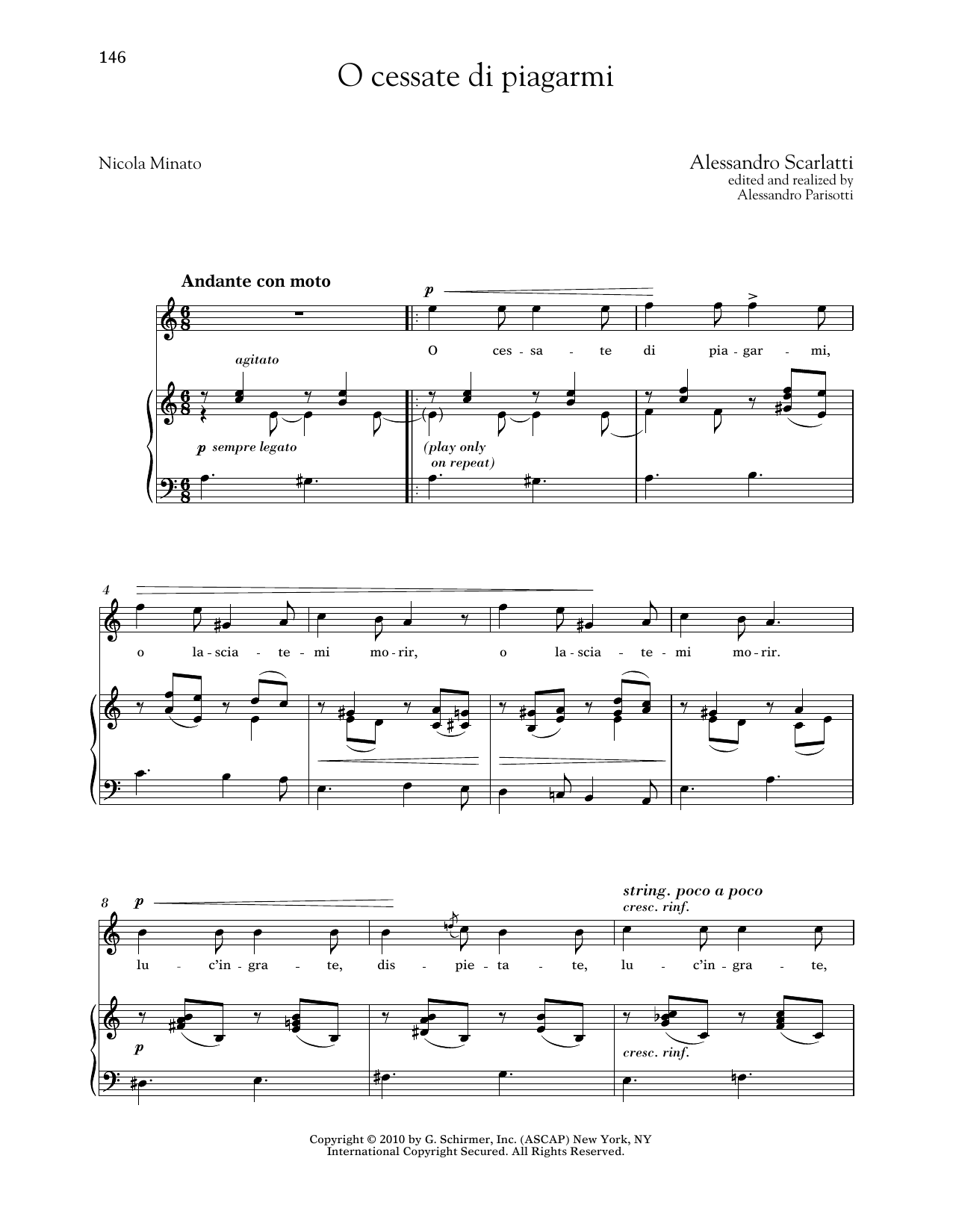 Alessandro Scarlatti O Cessate Di Piagarmi (High Voice) sheet music notes and chords arranged for Piano & Vocal
