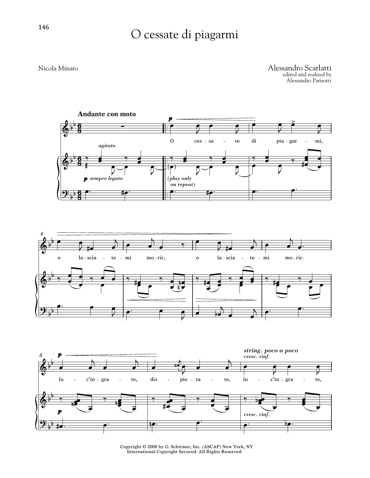 Alessandro Scarlatti O Cessate Di Piagarmi (Medium High Voice) sheet music notes and chords arranged for Piano & Vocal