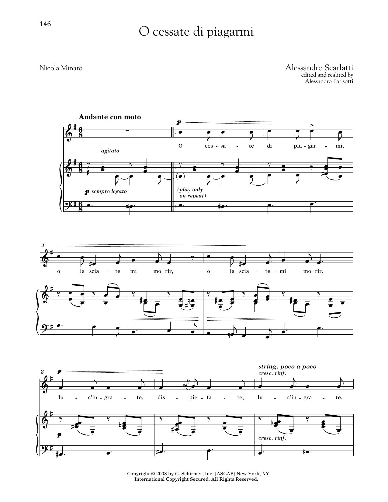 Alessandro Scarlatti O Cessate Di Piagarmi (Medium Low Voice) sheet music notes and chords arranged for Piano & Vocal