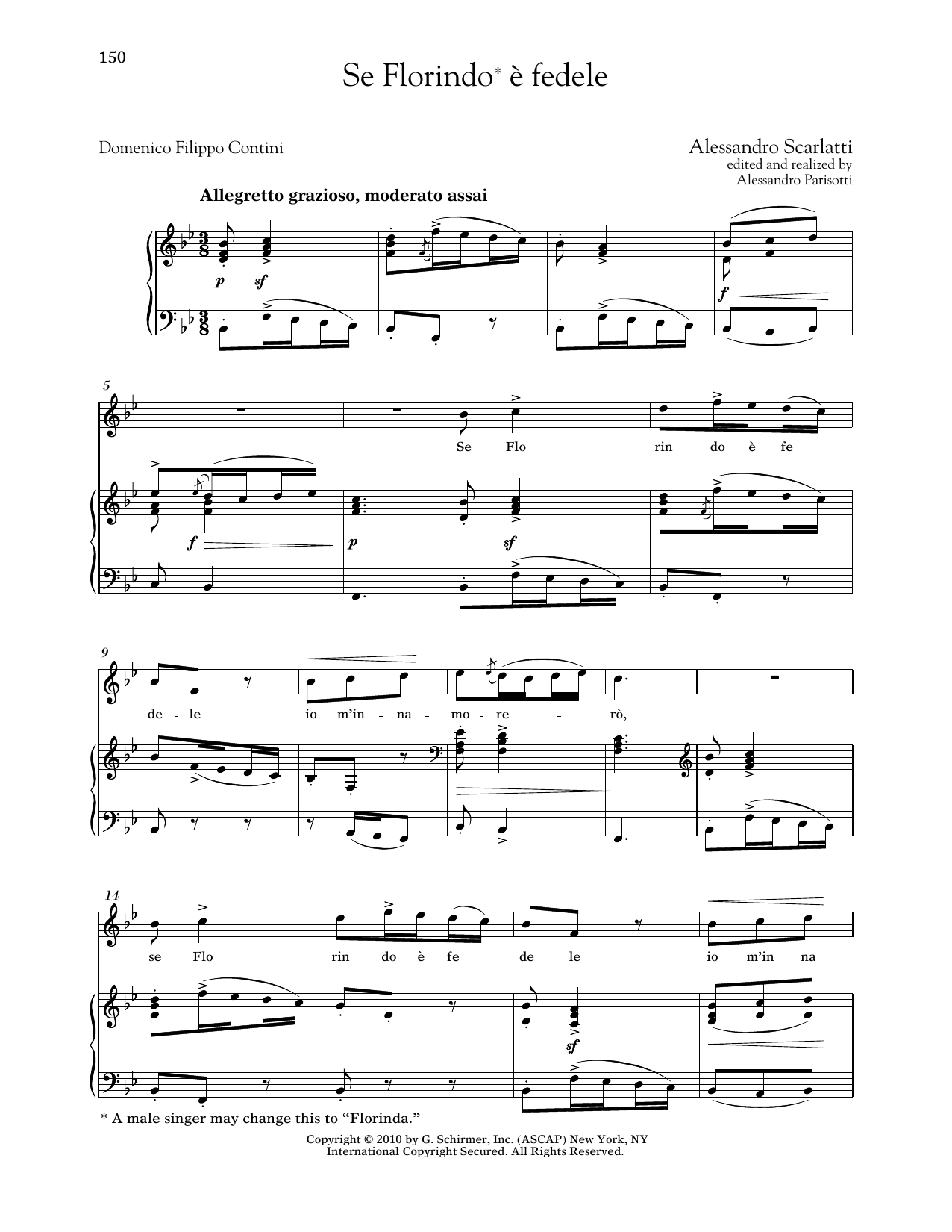Alessandro Scarlatti Se Florindo e Fedele (High Voice) sheet music notes and chords arranged for Piano & Vocal