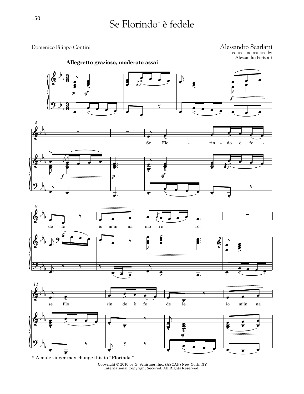 Alessandro Scarlatti Se Florindo E Fedele (Low Voice) sheet music notes and chords arranged for Piano & Vocal