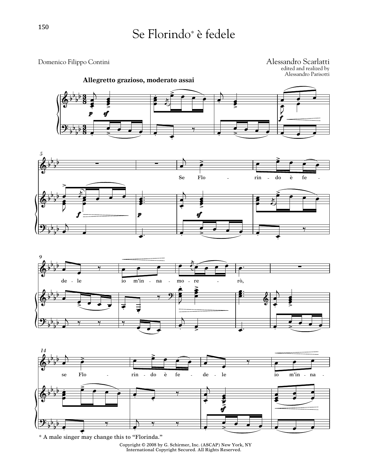 Alessandro Scarlatti Se Florindo e Fedele (Medium High Voice) sheet music notes and chords arranged for Piano & Vocal