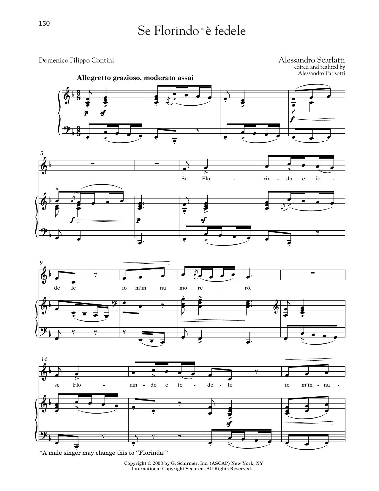 Alessandro Scarlatti Se Florindo E Fedele (Medium Low Voice) sheet music notes and chords arranged for Piano & Vocal