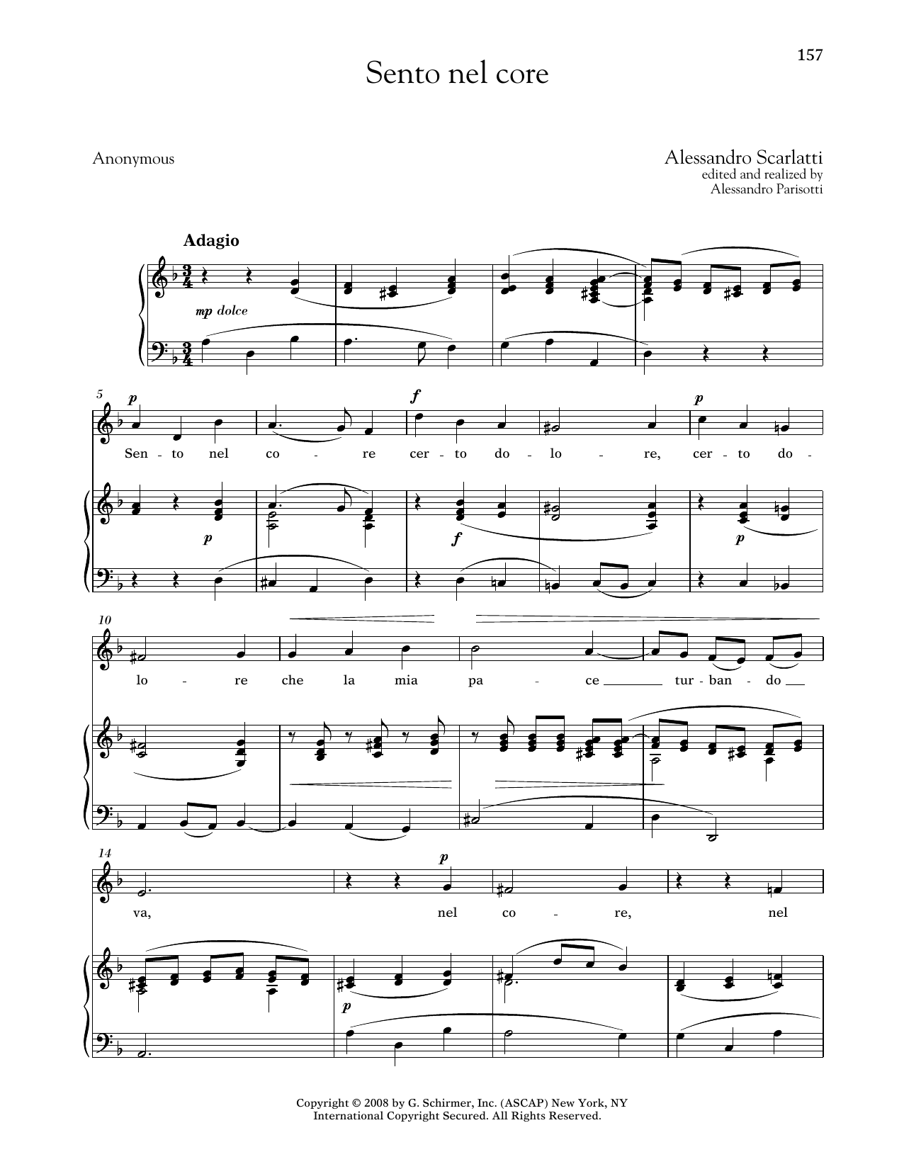 Alessandro Scarlatti Sento Nel Core (Medium Low Voice) sheet music notes and chords arranged for Piano & Vocal
