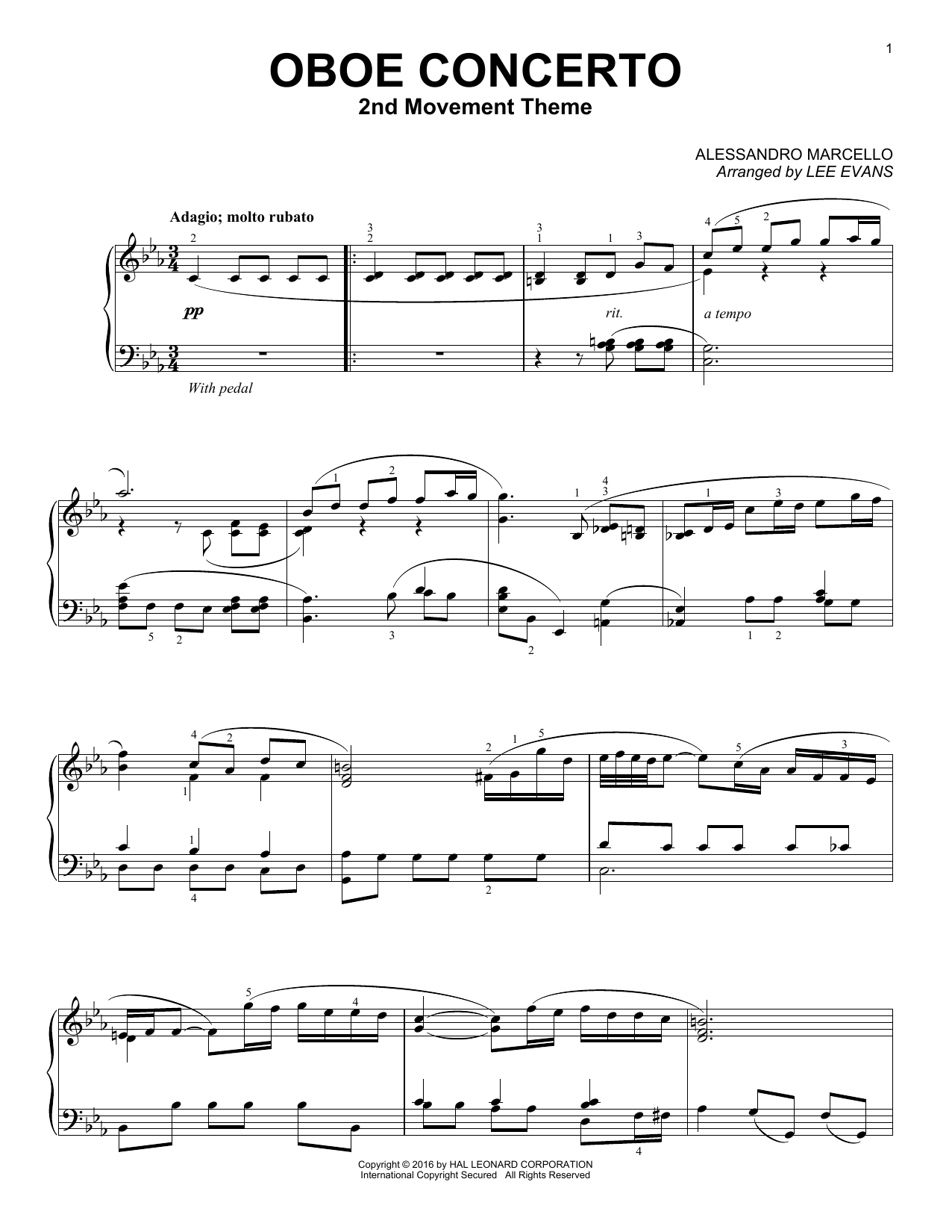 Alessandro Marcello Oboe Concerto In C Minor, 2nd Movement (arr. Lee Evans) sheet music notes and chords arranged for Piano Solo