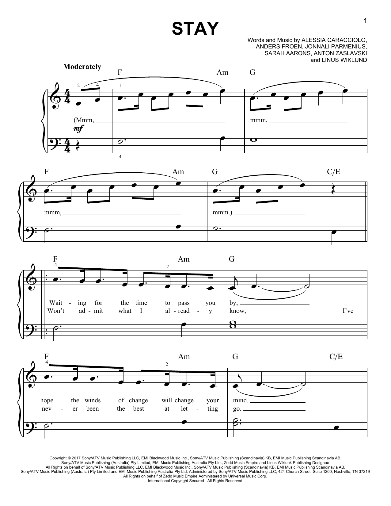 Alessia Cara feat. Zedd Stay sheet music notes and chords arranged for Big Note Piano