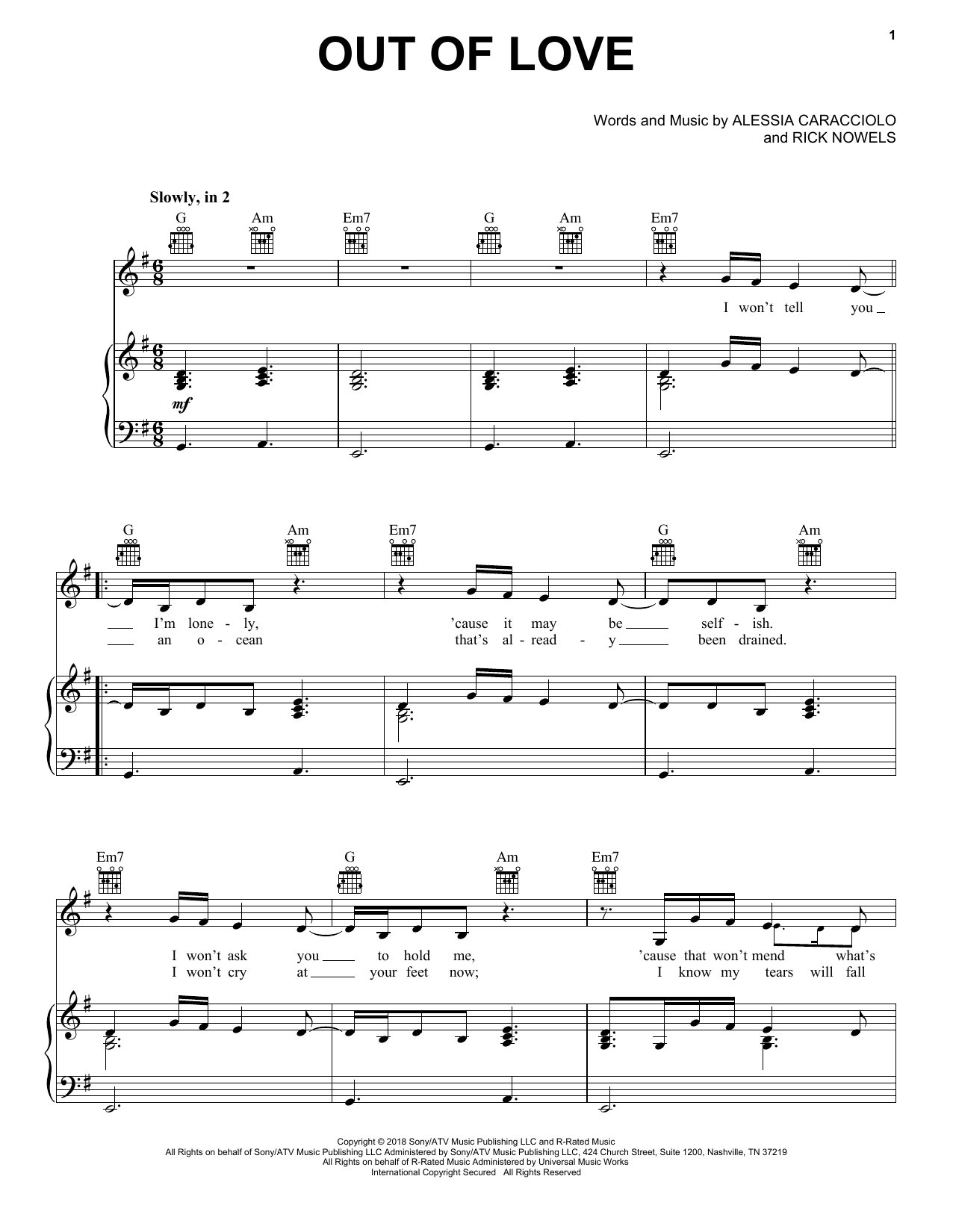 Alessia Cara Out Of Love sheet music notes and chords arranged for Piano, Vocal & Guitar Chords (Right-Hand Melody)