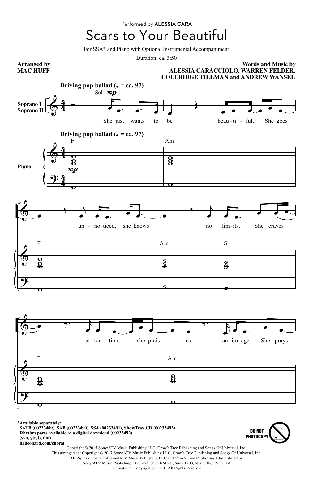 Alessia Cara Scars To Your Beautiful (arr. Mac Huff) sheet music notes and chords arranged for SSA Choir
