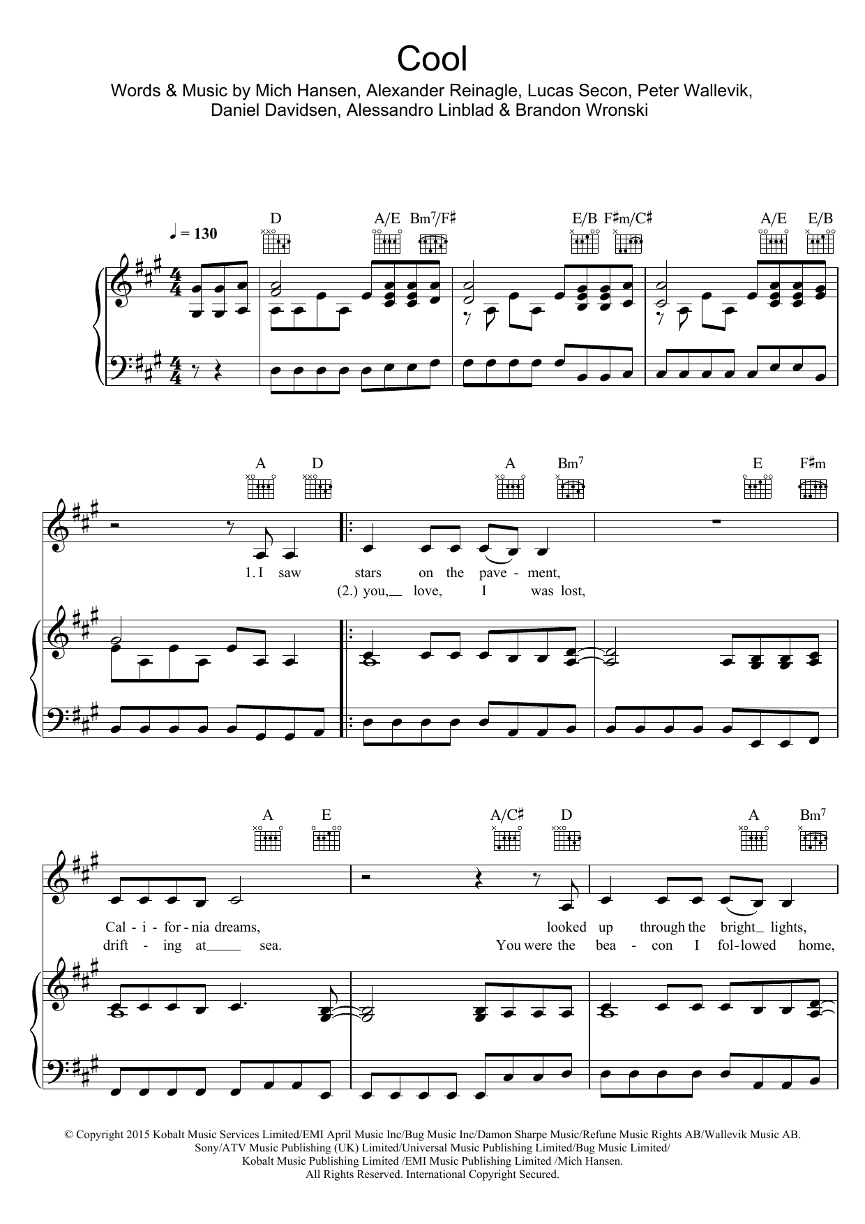 Alesso Cool (feat. Roy English) sheet music notes and chords arranged for Piano, Vocal & Guitar Chords