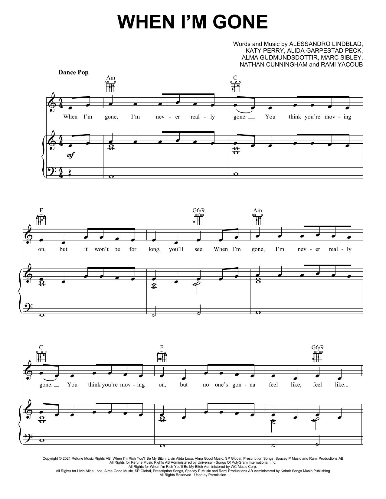 Alesso feat. Katy Perry When I'm Gone sheet music notes and chords arranged for Piano, Vocal & Guitar Chords (Right-Hand Melody)