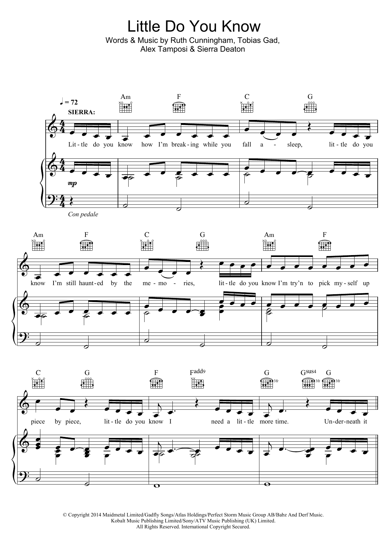 Alex & Sierra Little Do You Know sheet music notes and chords arranged for Piano, Vocal & Guitar Chords