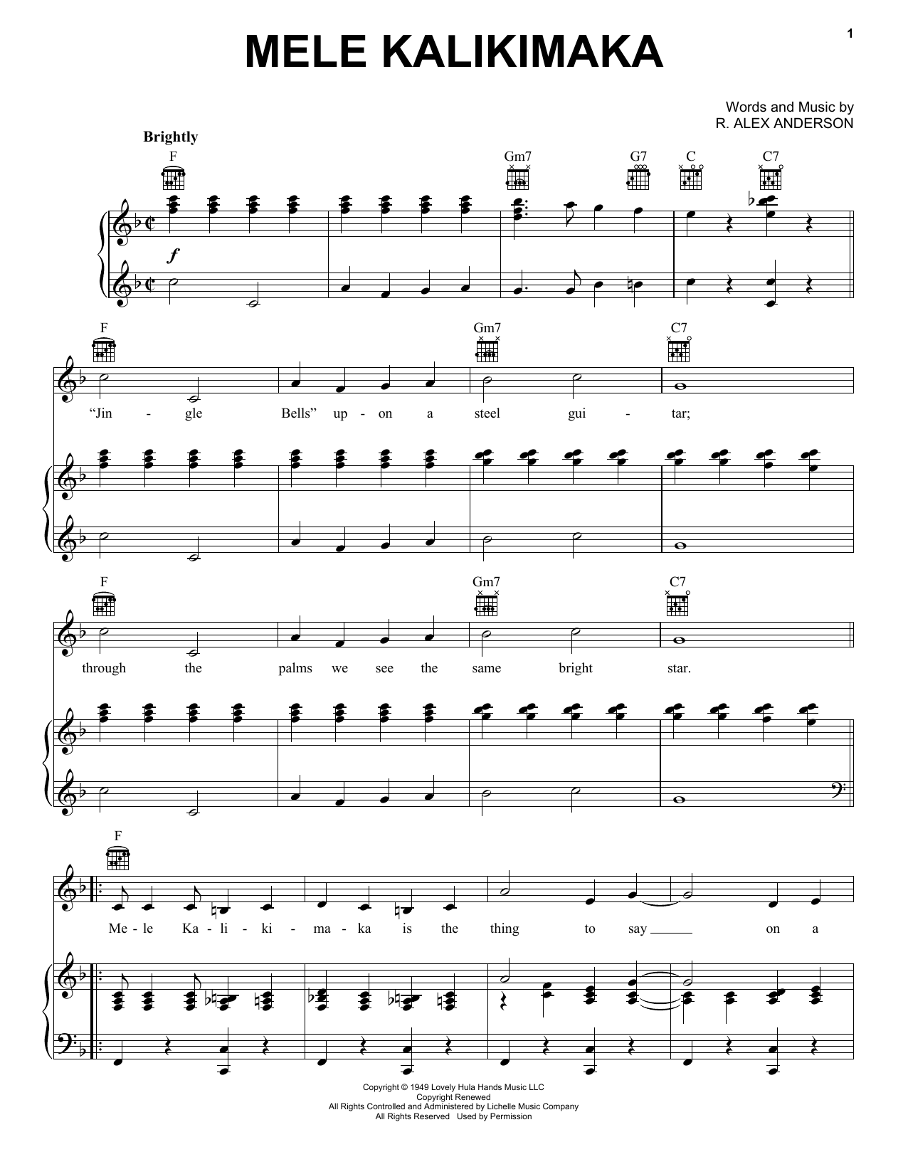 Alex Anderson Mele Kalikimaka sheet music notes and chords arranged for Piano, Vocal & Guitar Chords (Right-Hand Melody)