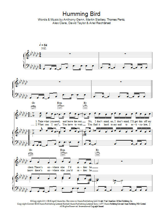 Alex Clare Humming Bird sheet music notes and chords arranged for Piano, Vocal & Guitar Chords