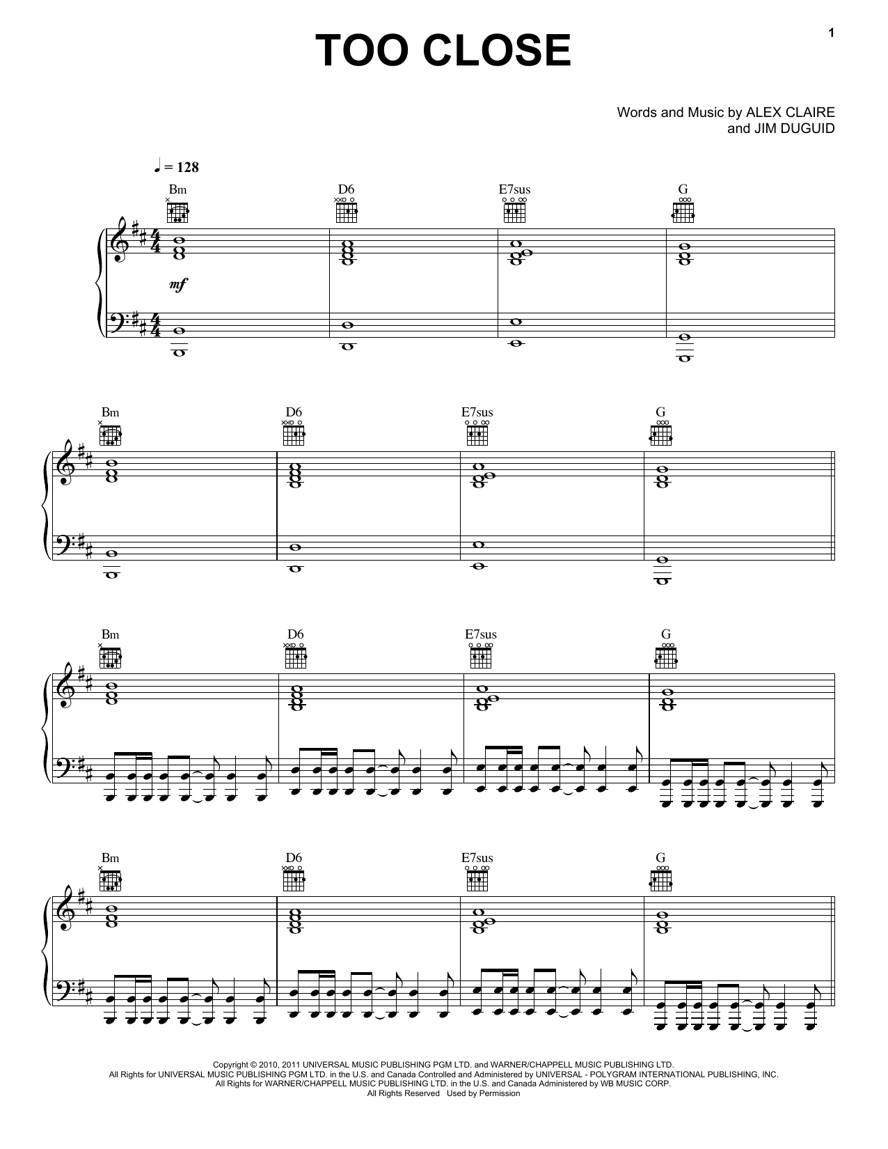 Alex Clare Too Close sheet music notes and chords arranged for Piano, Vocal & Guitar Chords