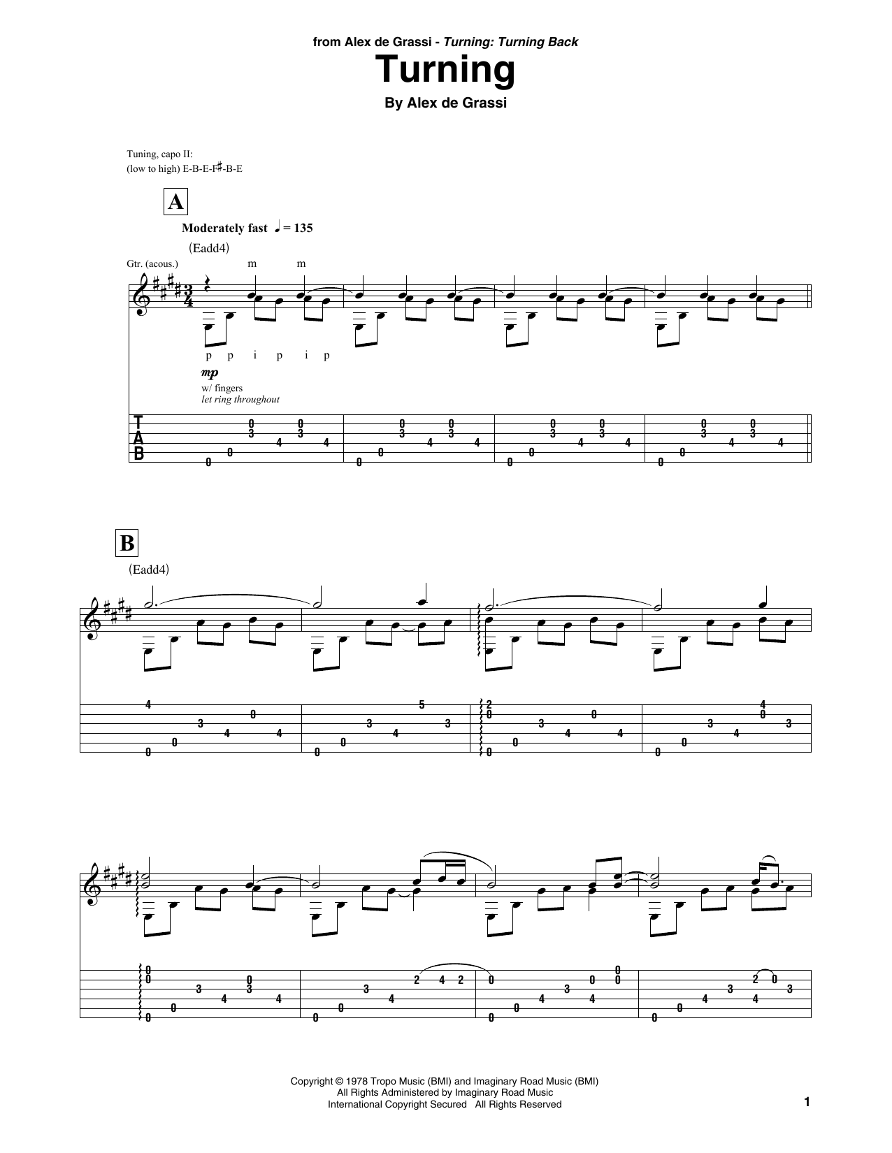 Alex de Grassi Turning sheet music notes and chords arranged for Solo Guitar