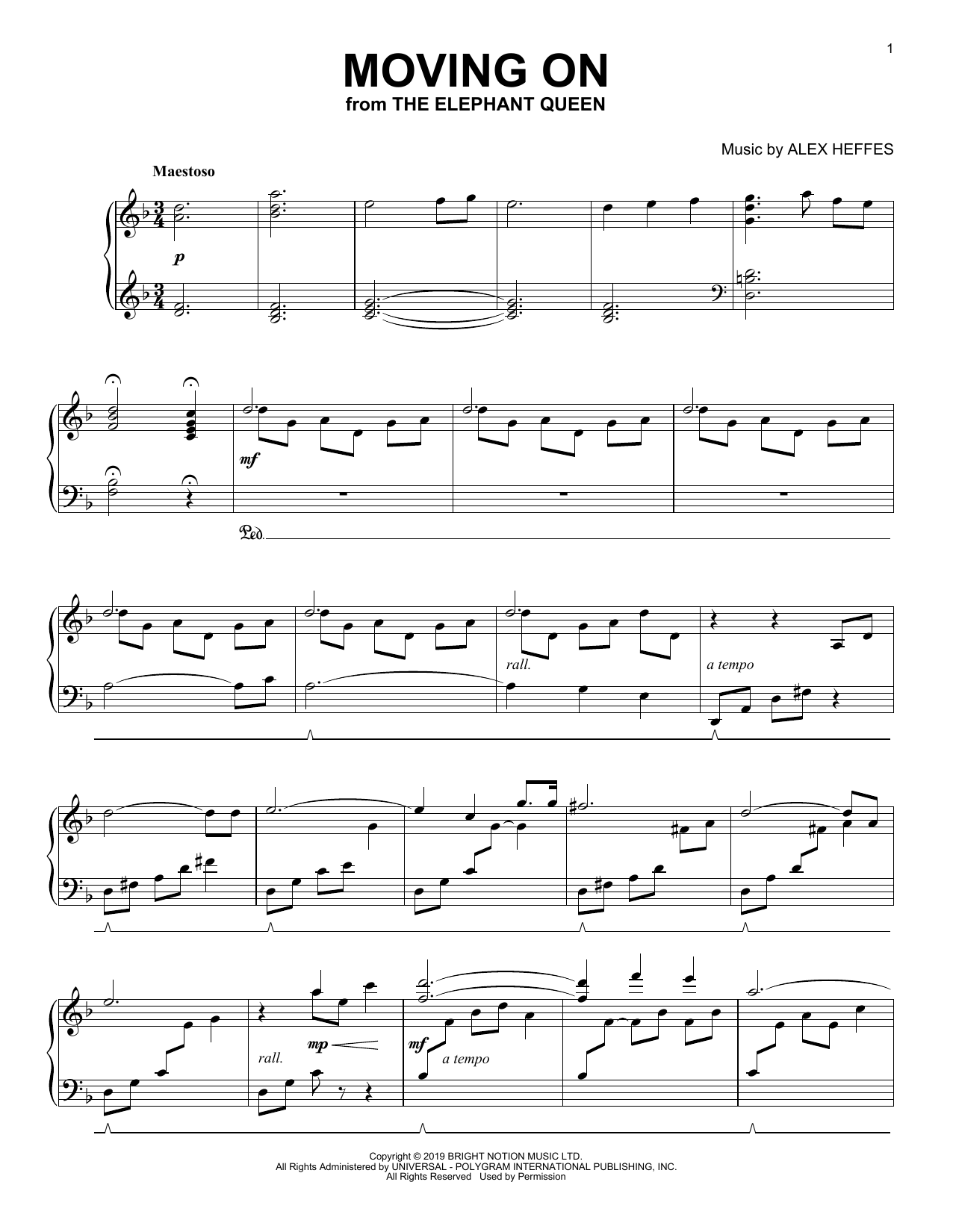 Alex Heffes Moving On (from The Elephant Queen) sheet music notes and chords arranged for Piano Solo