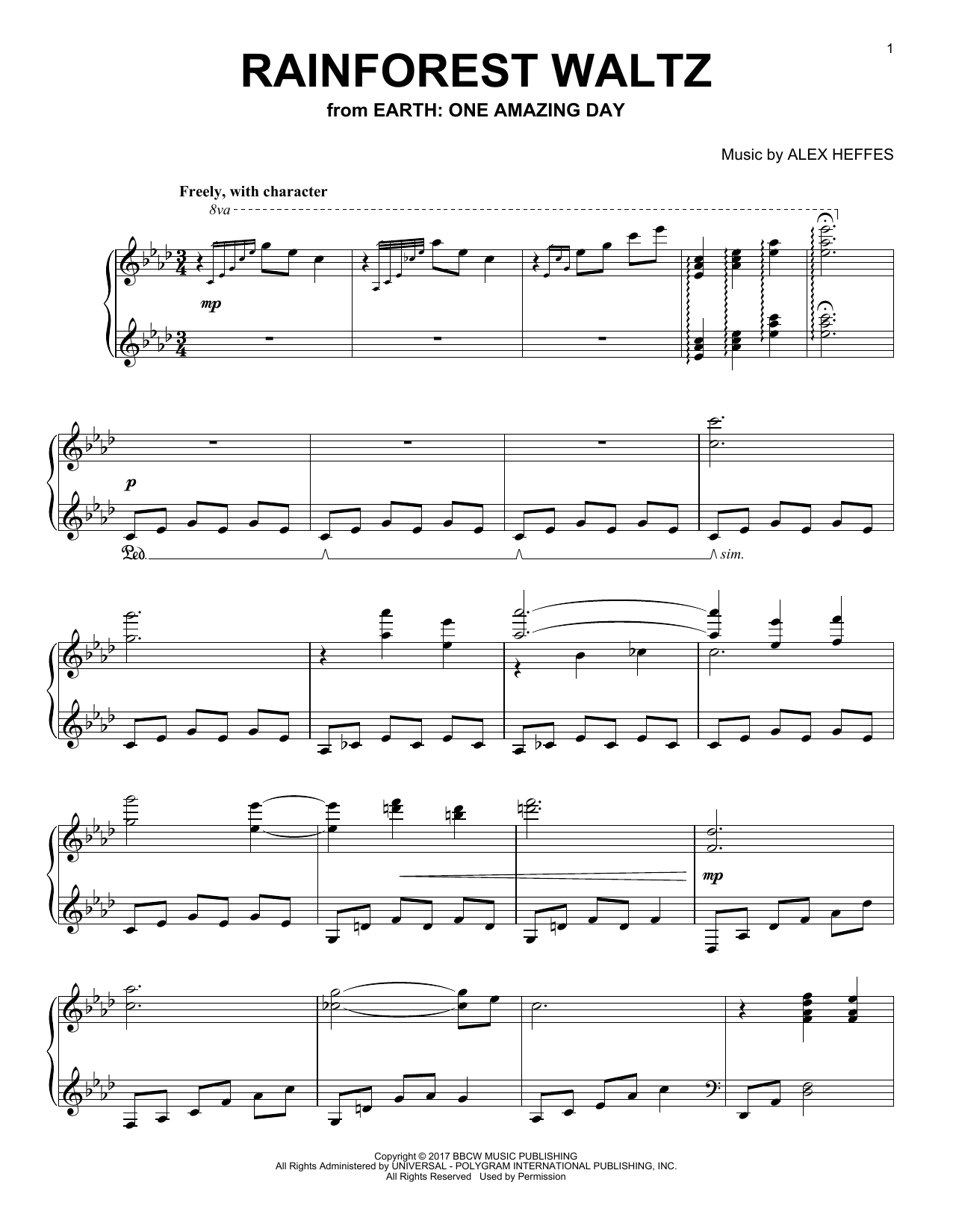 Alex Heffes Rainforest Waltz (from Earth: One Amazing Day) sheet music notes and chords arranged for Piano Solo