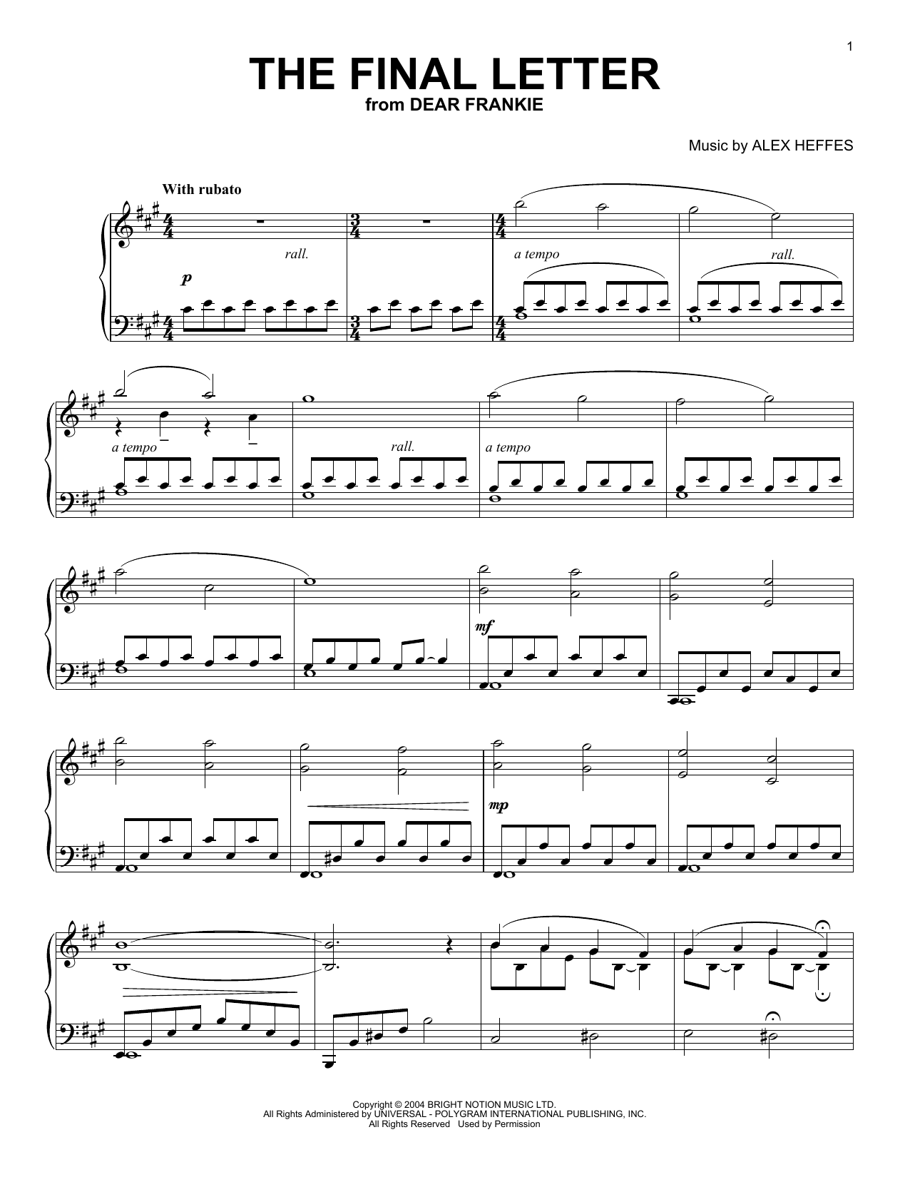 Alex Heffes The Final Letter (from Dear Frankie) sheet music notes and chords arranged for Piano Solo