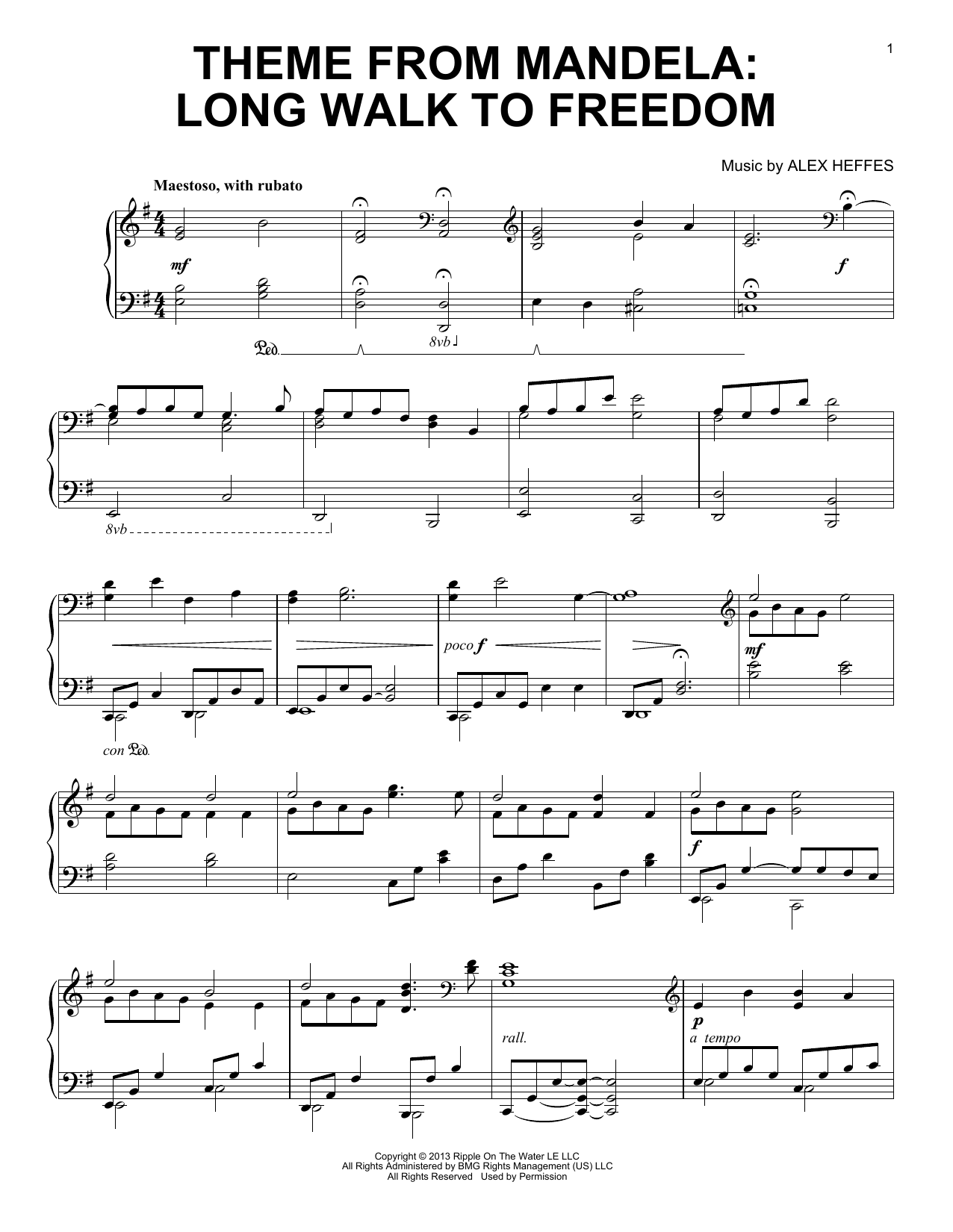 Alex Heffes Theme from Mandela: Long Walk To Freedom sheet music notes and chords arranged for Piano Solo