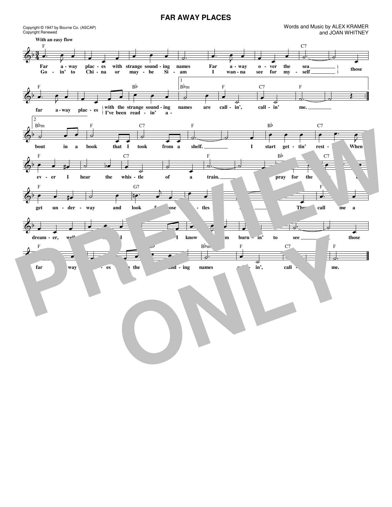Alex Kramer Far Away Places sheet music notes and chords arranged for Lead Sheet / Fake Book
