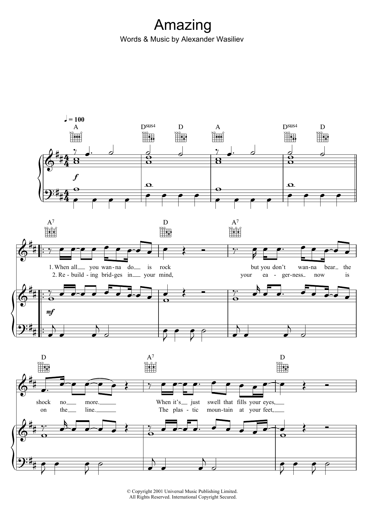 Alex Lloyd Amazing sheet music notes and chords arranged for Beginner Piano