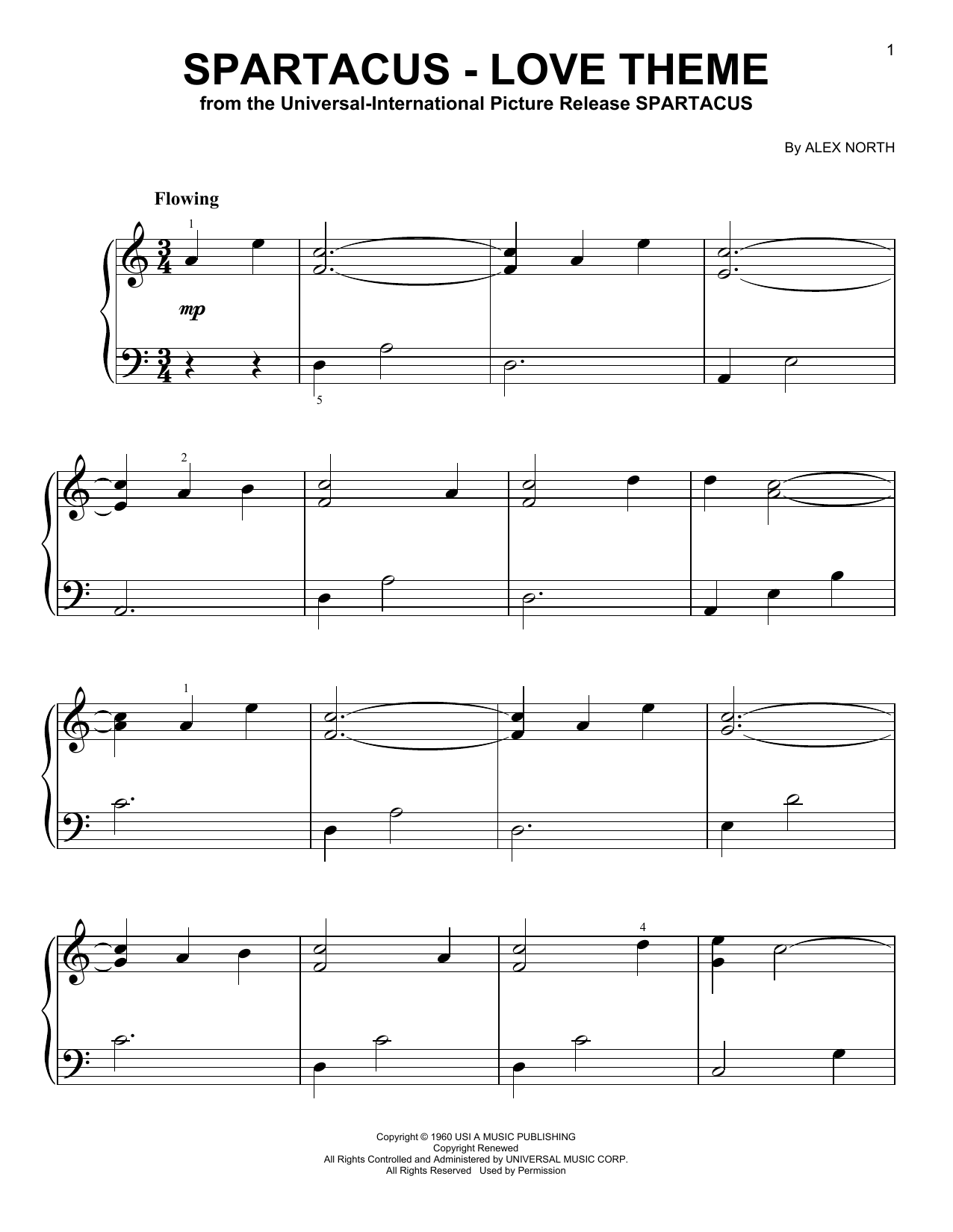 Alex North Spartacus - Love Theme (from Spartacus) sheet music notes and chords arranged for Very Easy Piano