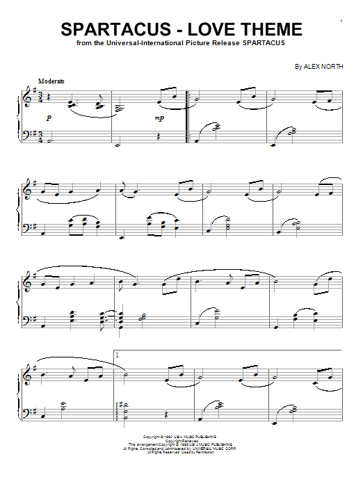 Alex North Spartacus - Love Theme sheet music notes and chords arranged for Solo Guitar