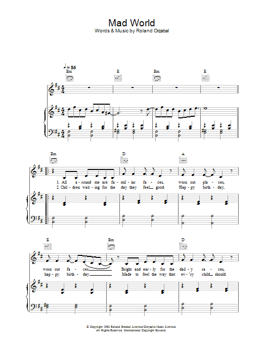 Alex Parks Mad World sheet music notes and chords arranged for Piano, Vocal & Guitar Chords