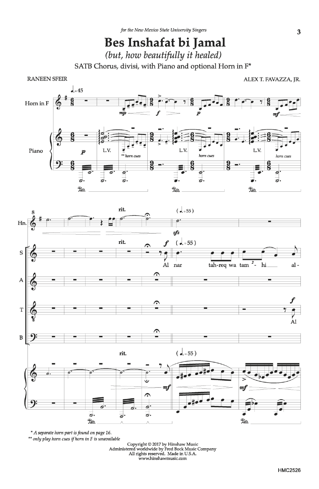 Alex T. Favazza Bes Inshafat bi Jamal (but, how beautifully it healed) sheet music notes and chords arranged for SATB Choir