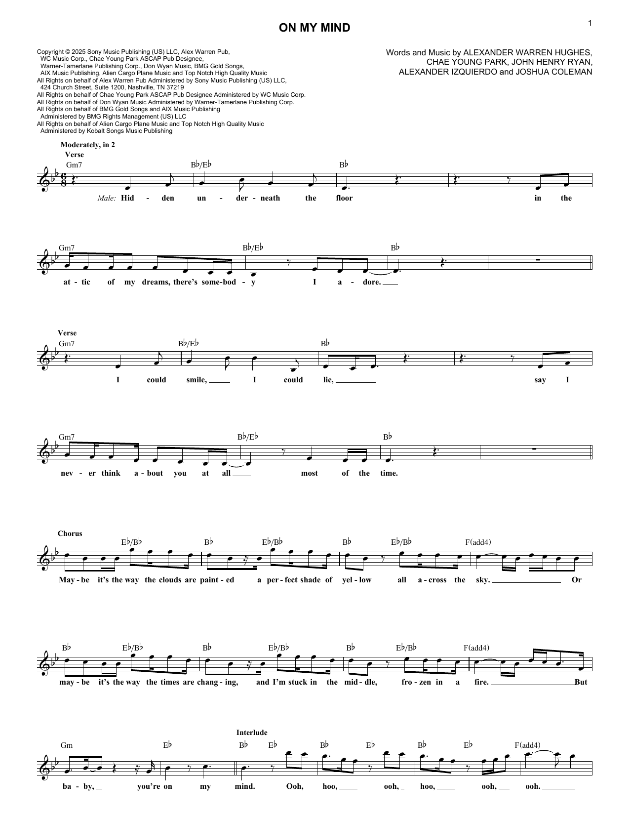 Alex Warren and ROSÉ On My Mind sheet music notes and chords arranged for Lead Sheet / Fake Book