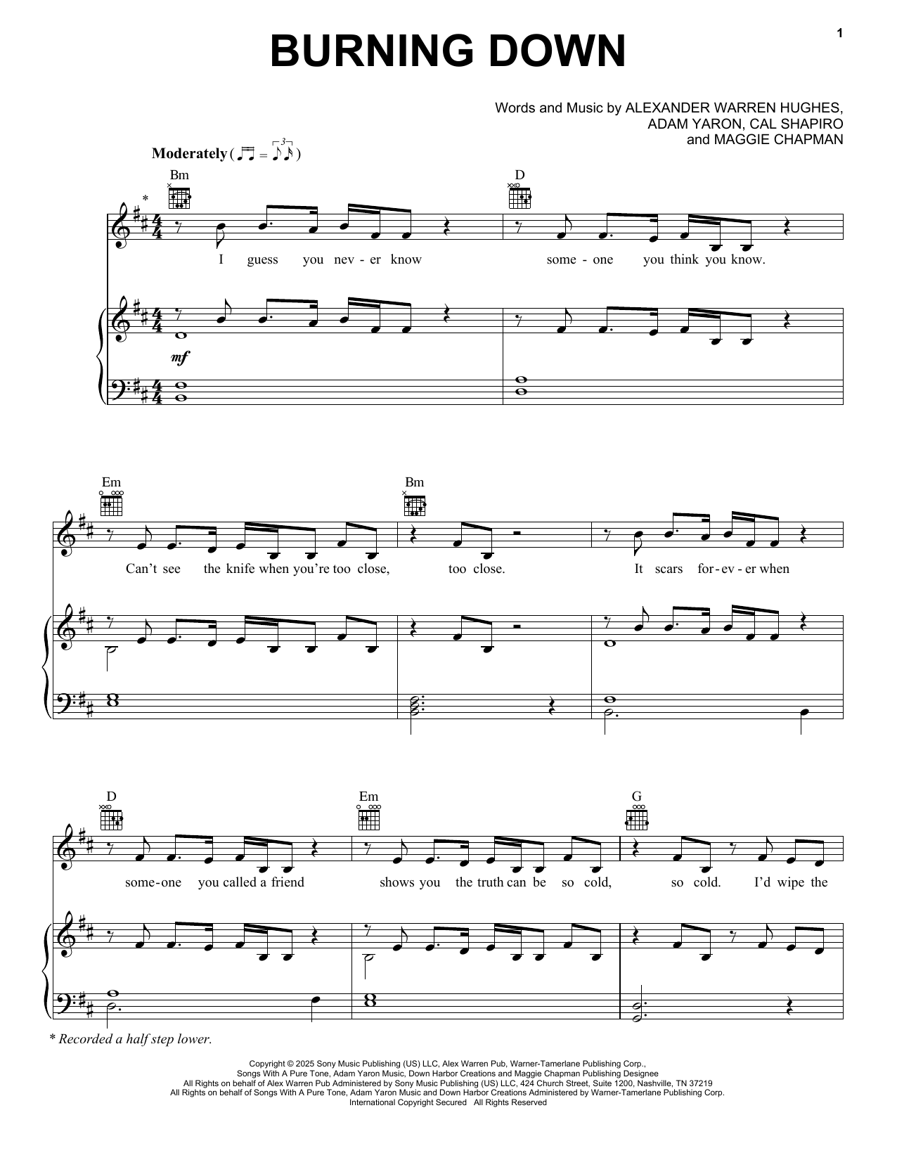 Alex Warren Burning Down sheet music notes and chords arranged for Piano, Vocal & Guitar Chords (Right-Hand Melody)
