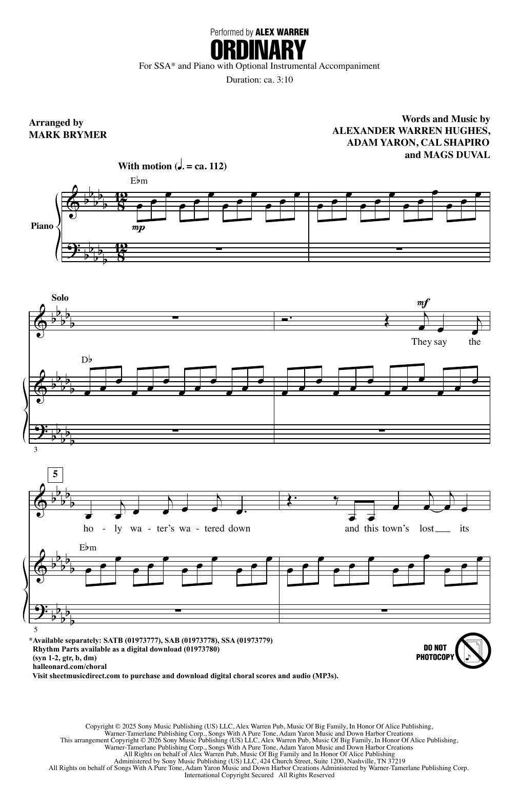 Alex Warren Ordinary (arr. Mark Brymer) sheet music notes and chords arranged for SSA Choir