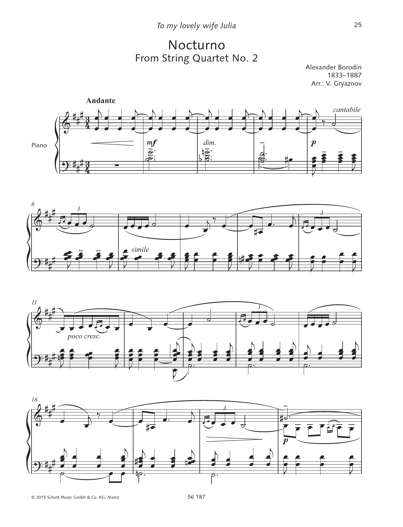 Alexander Borodin Nocturno sheet music notes and chords arranged for Piano Solo