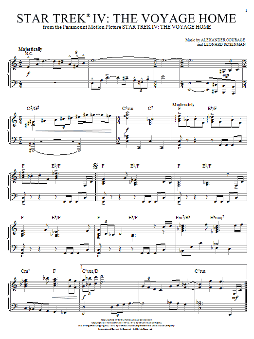 Alexander Courage Star Trek IV - The Voyage Home sheet music notes and chords arranged for Piano Solo