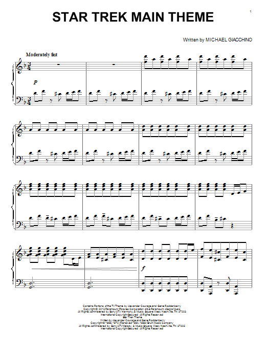 Alexander Courage Star Trek Main Theme sheet music notes and chords arranged for Piano Solo