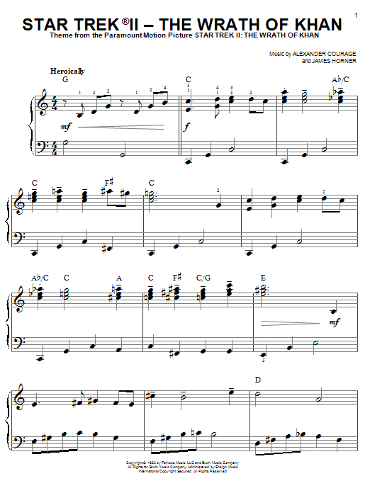Alexander Courage Star Trek(R) II - The Wrath Of Khan sheet music notes and chords arranged for Easy Piano