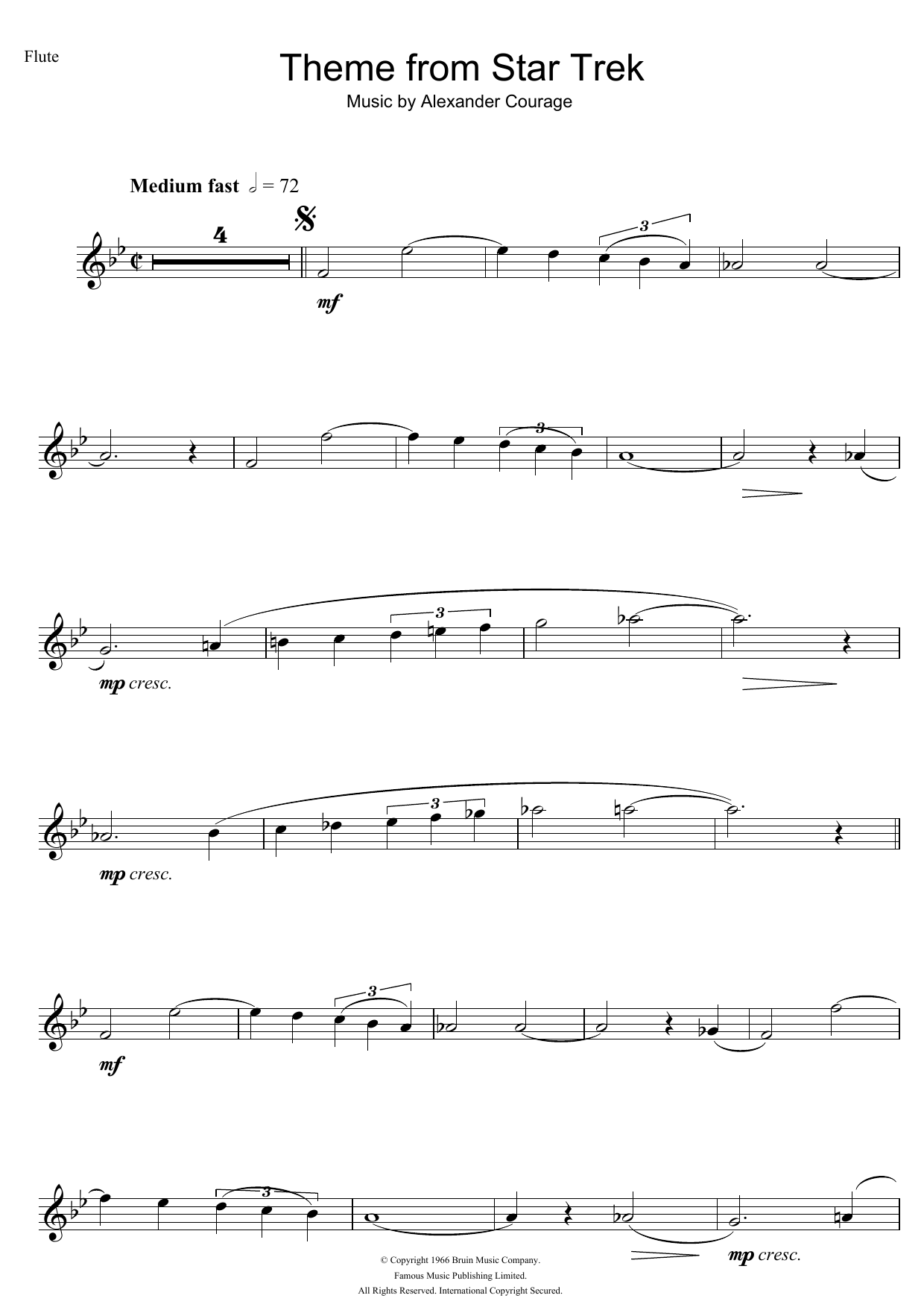 Alexander Courage Theme From Star Trek sheet music notes and chords arranged for French Horn Solo