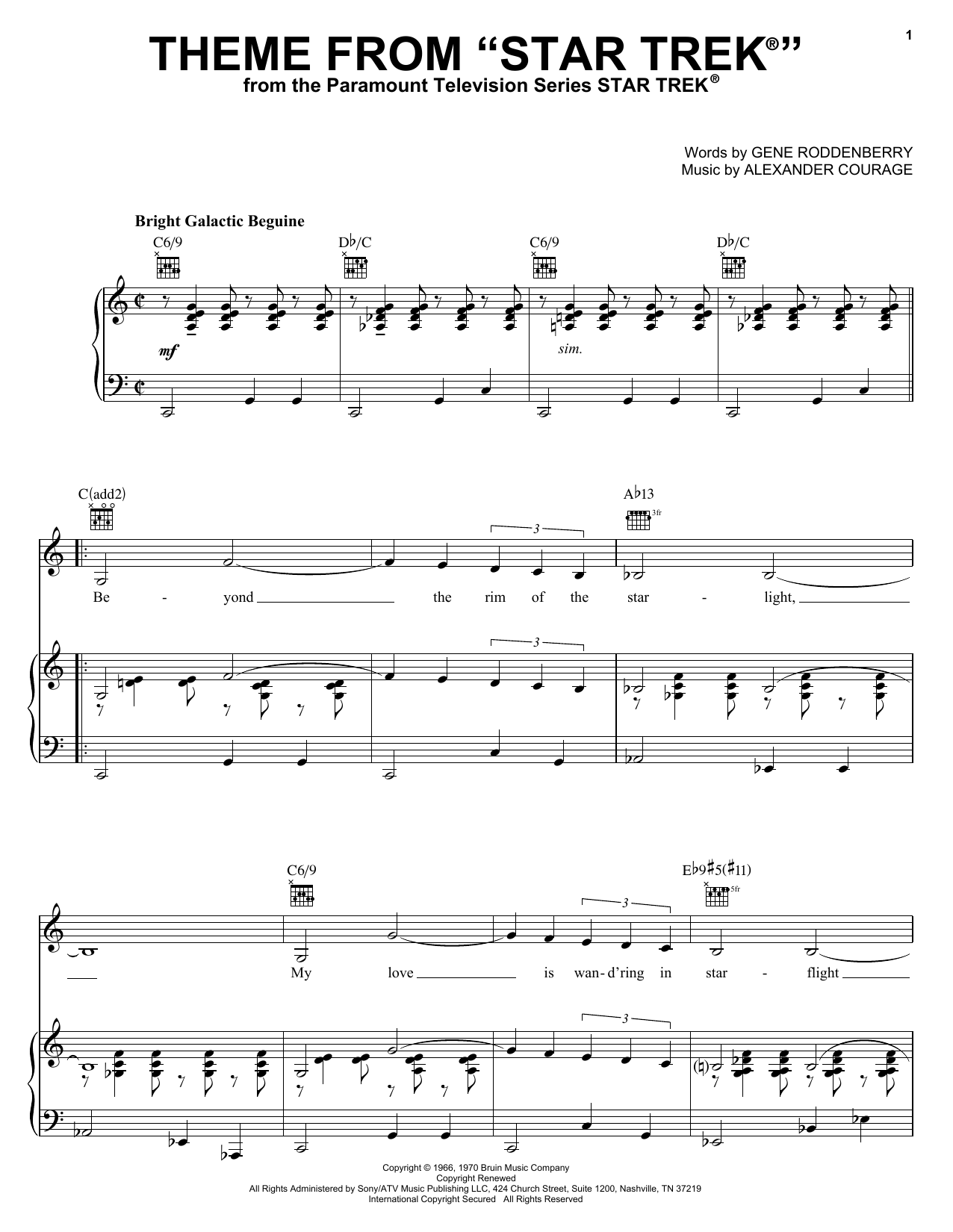 Alexander Courage Theme from Star Trek(R) sheet music notes and chords arranged for Piano Solo