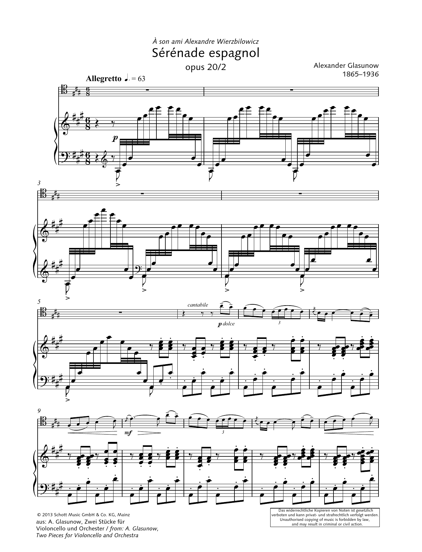 Alexander Glasunow Sérénade spagnol sheet music notes and chords arranged for String Solo