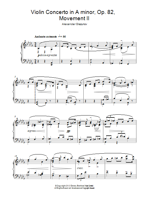Alexander Glazunov Violin Concerto In A Minor Op. 82, 2nd Movement 'Andante Sostenuto' sheet music notes and chords arranged for Piano Solo