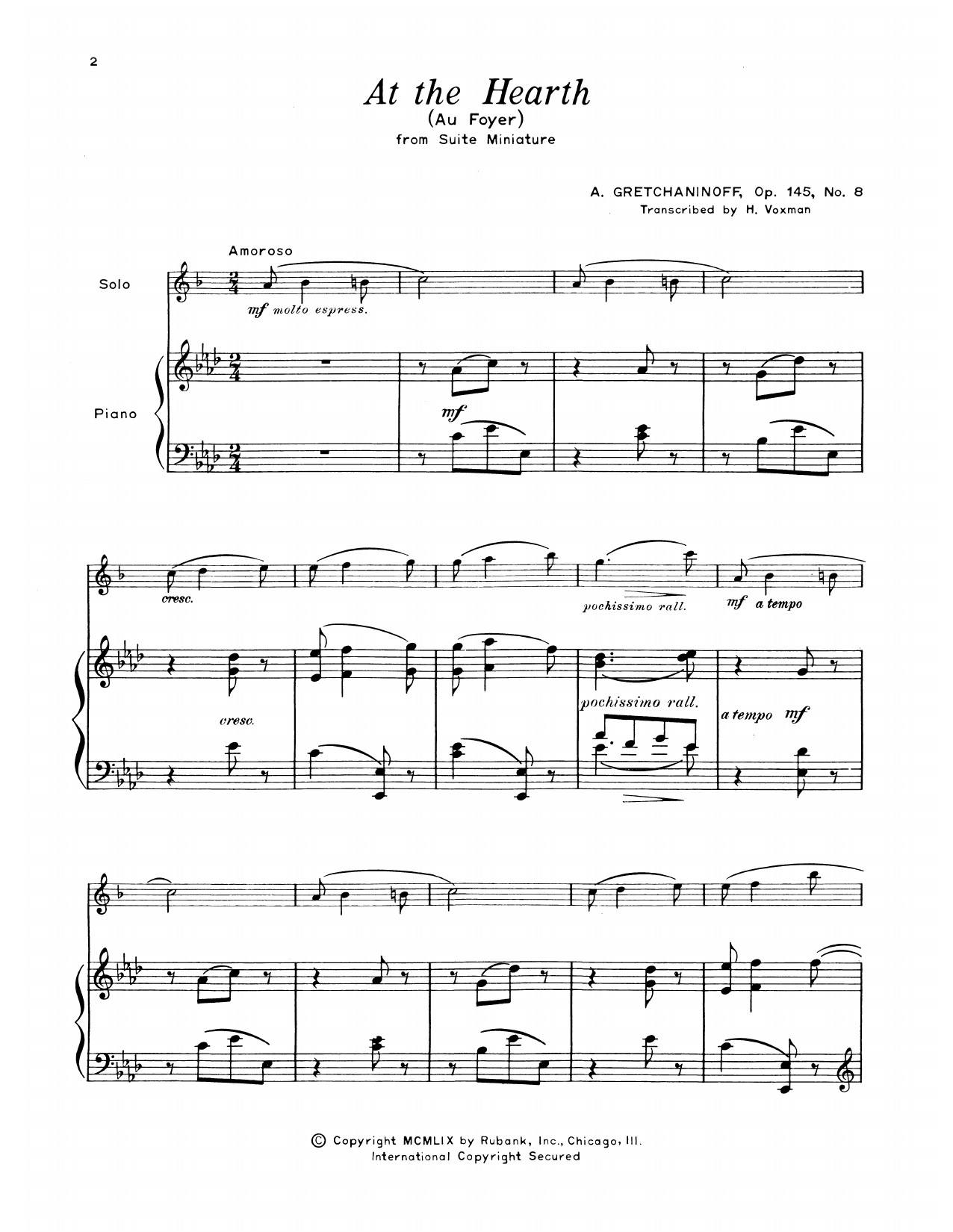 Alexander Gretchaninoff At The Hearth sheet music notes and chords arranged for Alto Sax and Piano