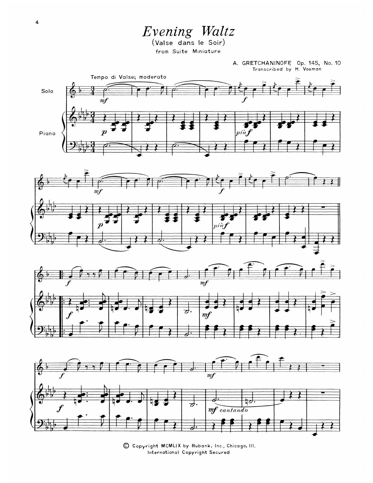 Alexander Gretchaninoff Evening Waltz sheet music notes and chords arranged for Alto Sax and Piano