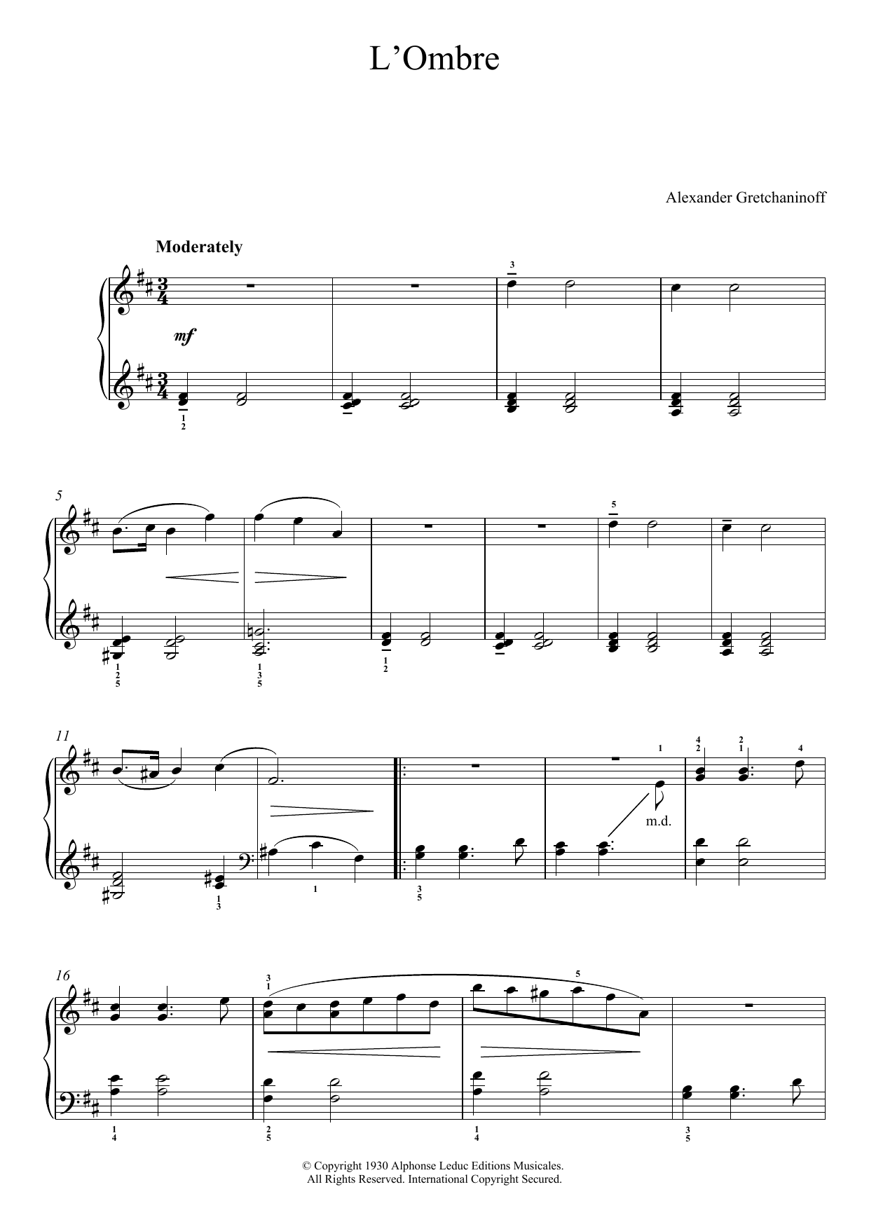 Alexander Gretchaninoff L'Ombre (No. 4 from 'Historiettes') sheet music notes and chords arranged for Piano Solo