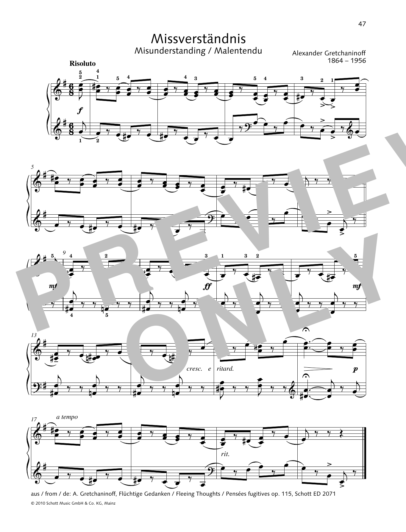 Alexander Gretchaninoff Misunderstanding sheet music notes and chords arranged for Piano Solo