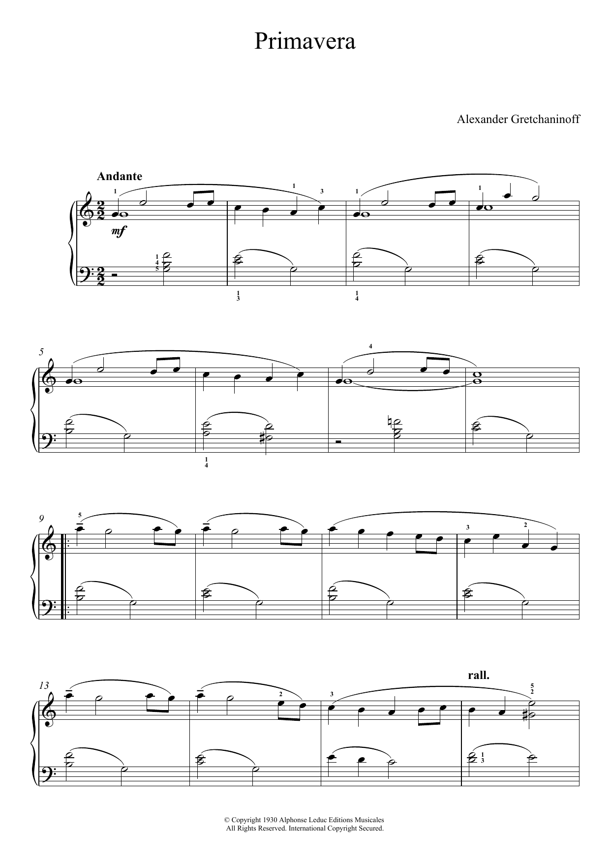 Alexander Gretchaninoff Primavera (No. 1 from 'Historiettes') sheet music notes and chords arranged for Piano Solo