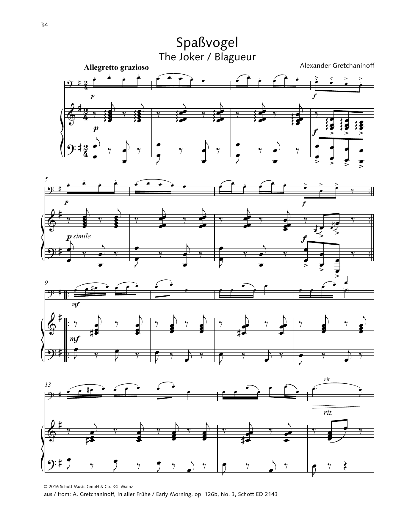 Alexander Gretchaninoff The Joker sheet music notes and chords arranged for String Solo